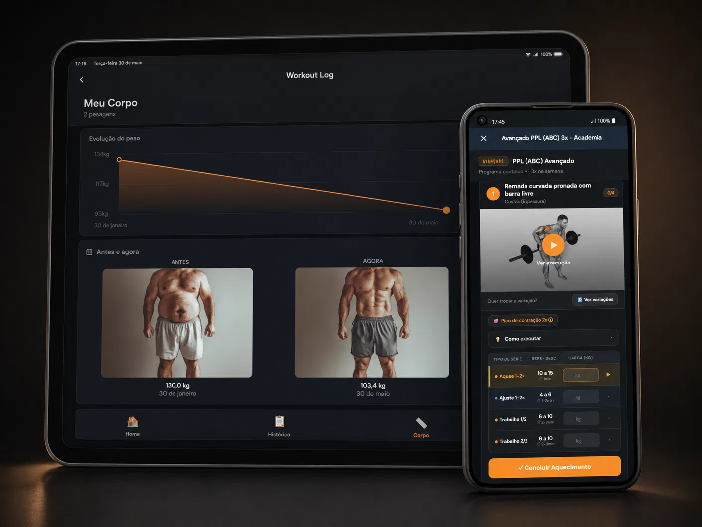 Workout log e evolução no app